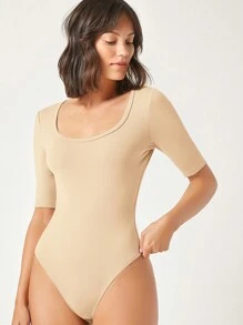 SHEIN BASICS Solid Scoop Neck Bodysuit - Apricot - View 1