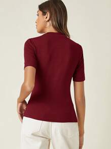 SHEIN BASICS Mock Neck Solid Rib-knit Tee - Red - View 2