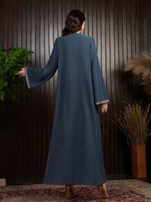 Al Najma Women's Positioning Embroidery Jacket And Weave Trim Splicing Dress 2pcs/Set, Elegant Moroccan Kaftan, Muslim Fashion Abaya For Casual/Festival/Gathering/Travel