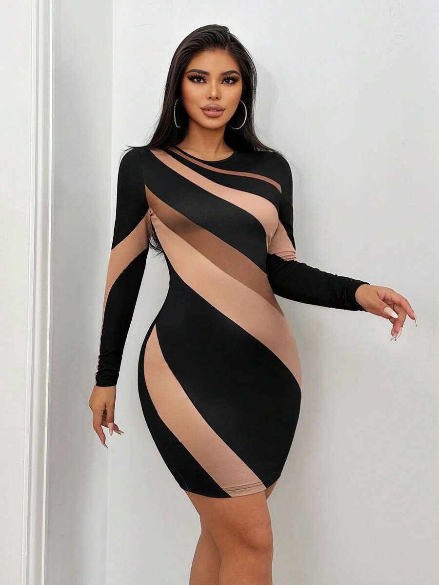 SHEIN SXY 性感修身拼色休閒裙,適用於春假和夏季度假 - 彩色 - 查看 1