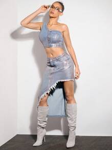 SHEIN BAE 女式金屬彈性單肩牛仔上衣,適合音樂會裝扮和音樂節 - 藍色 - 查看 4