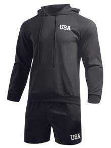 Gym Rark Men's Letter Print Raglan Sleeve Hoodie And Shorts Set, Athletic Suit, Tracksuit Gym Set Workout Set - Black - View 7