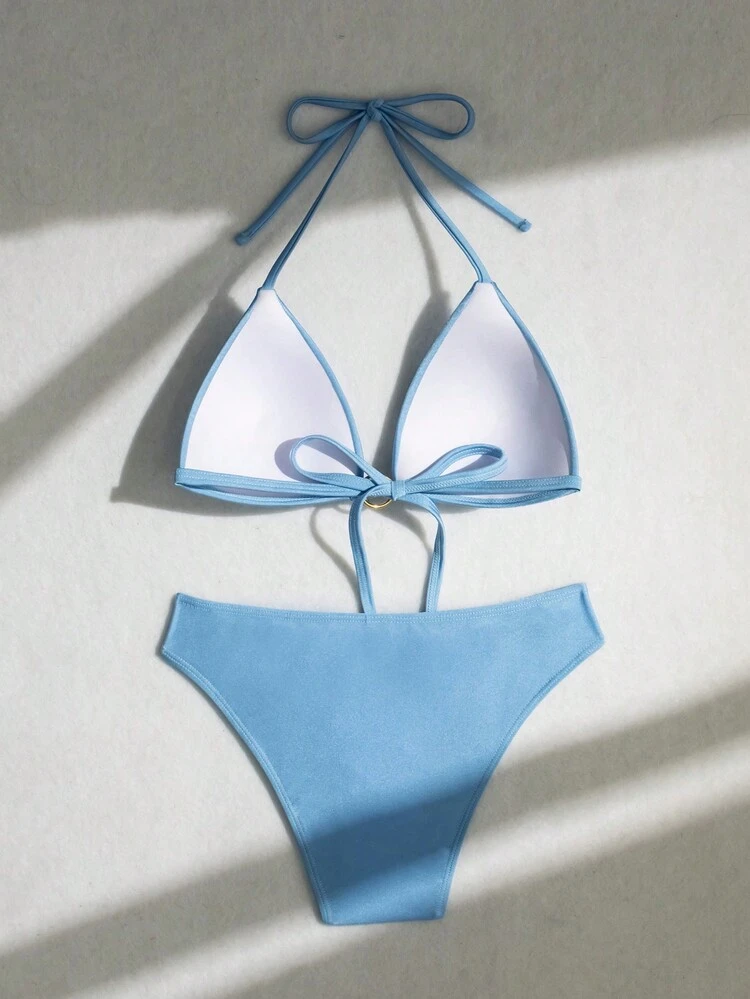 Women's Solid Color Bikini Set With Pearl Decorations Summer Beach