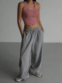 DAZY Top de tanque sin mangas para mujeres con cuello redondo de unicolor para el verano - Rosado Sandía - Ver 3