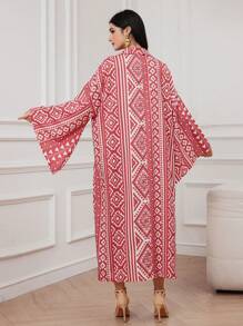 Al Najma Women's Turkish Long Shirt Kaftan With Geometric Full Print And Flared Sleeves - Pink - View 2