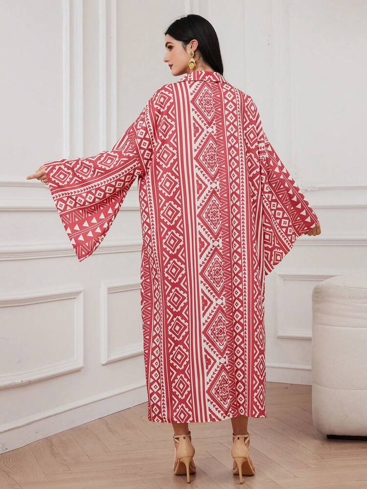 Women's Turkish Long Shirt Kaftan With Geometric Full Print And Flared Sleeves