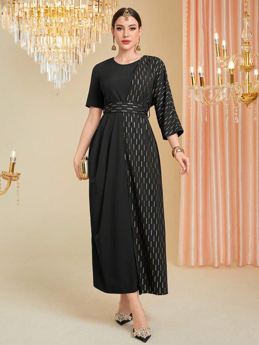 Divindia Women's Style Golden Printed Dress - Black - View 1