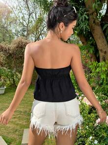 SHEIN Unity Top Ceñido A La Cintura Sin Tirantes De Color Liso - Negro - Ver 2