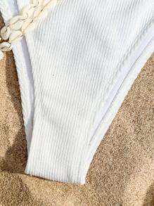 SHEIN Swim 女士后背系带纹理比基尼套装夏季海滩 - 白色 - 查看 4