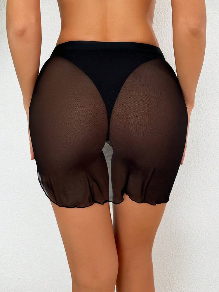Summer Women's Triangle Swimwear Bottom With Mesh Cover Up Skirt, Sexy 2pcs Set For Beach