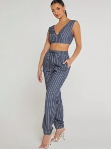 Hauture Striped Crop Top & Jogger Pants Two Pieces Set - Grey - View 5