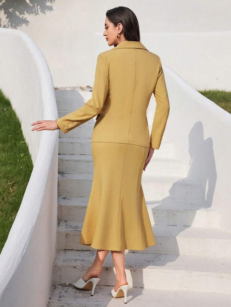 Long Sleeve One-Button Blazer Jacket + V-Neck Vest + Mermaid Hem Skirt Set