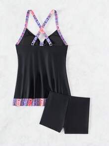 SHEIN Swim Printed Patchwork Halter Top And Solid Color Shorts Tankini Set - Multicolor - View 5