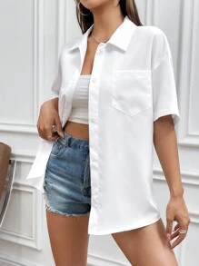 Flirla Áo sơ mi trắng tay ngắn màu trơn dành cho nữ, Áo tay ngắn - trắng - Xem 6