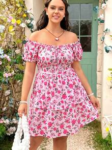 Dreamara Plus Size Women's Off Shoulder Short Sleeve Floral Print Ruffle Hem Dress - Multicolor - View 4