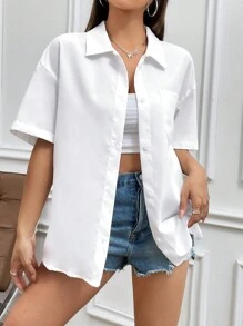 Flirla Áo sơ mi trắng tay ngắn màu trơn dành cho nữ, Áo tay ngắn - trắng - Xem 1