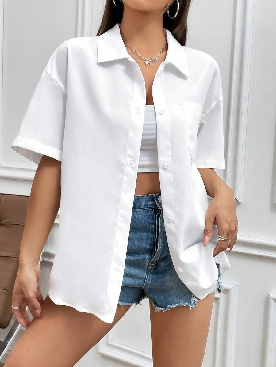 Flirla Áo sơ mi trắng tay ngắn màu trơn dành cho nữ, Áo tay ngắn - trắng - Xem 1