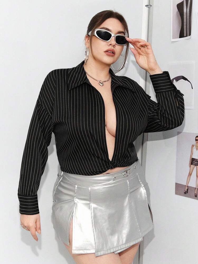 Women's Plus Size Striped Drop Shoulder Long Sleeve Shirt