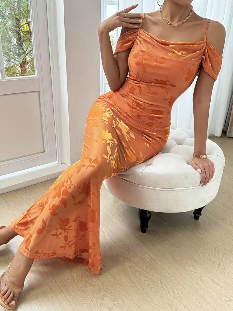 Women's Velvet Burnout Cowl Collar Mermaid Hem Backless Dress