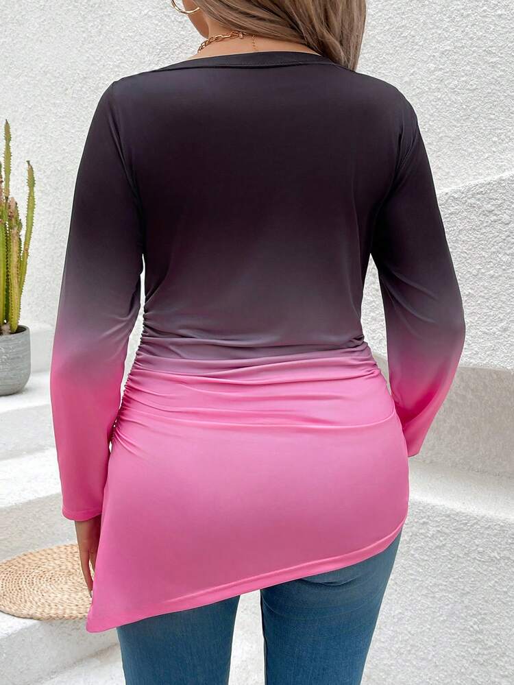 Plus Size Gradient Color Pleated Asymmetrical Hem T-Shirt