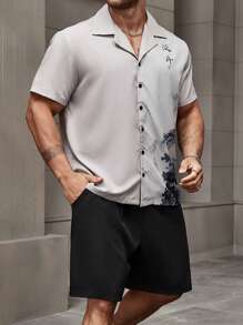 Manfinity Homme Men's Plus Size Mountain And Water Painting Printed Shirt With Solid Color Shorts 2pcs/Set