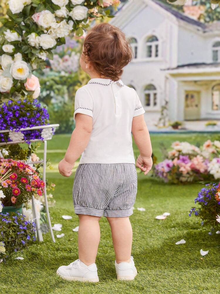 Baby Boy Spring/Summer Peter Pan Collar Short Sleeve Top With Striped Shorts Outfits