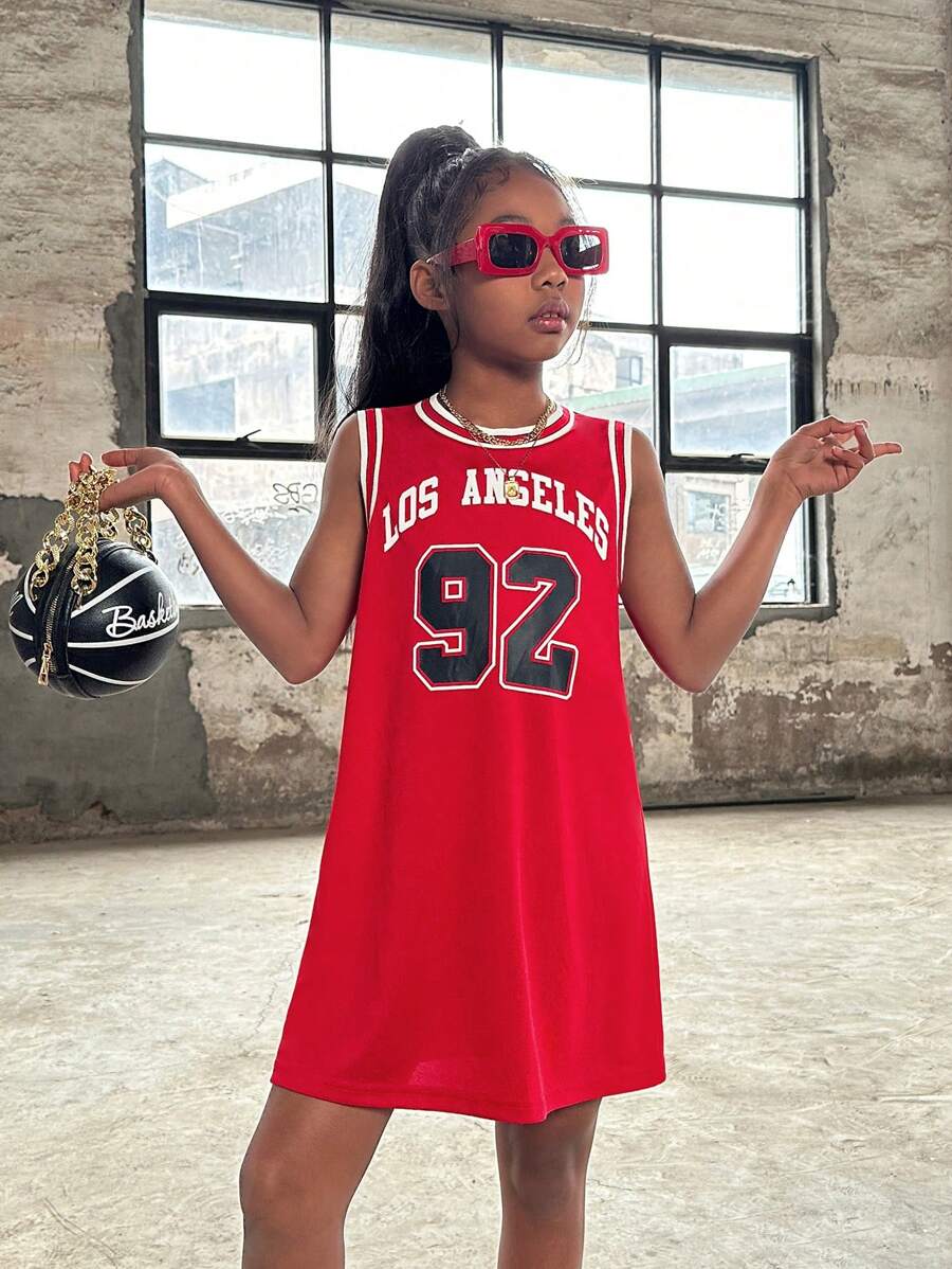 Tween女孩時尚街頭風夏季針織無袖字母印花v領坦克連衣裙 - 紅色 - 查看 1
