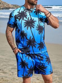 Genlund Men's Plus Size Coconut Tree Print Ombre T-Shirt And Shorts Set - Multicolor - View 4
