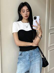 DAZY Ladies' Color Block Stitching Two-In-One Round Neck Slim Fit Short Sleeve T-Shirt Summer