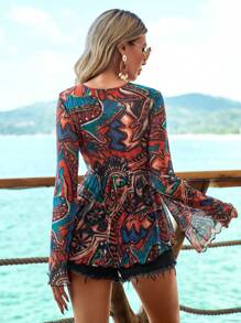 SHEIN VCAY Women's Full Printed Split Sleeve T-Shirt For Vacation