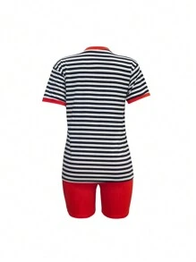 Summer New Fashion Classic Stripe Print Casual Sports 2 Pieces Set For Women