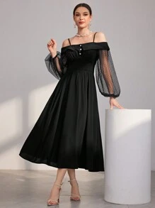 Modelyn Women's Hollow Out Shoulder & Mesh & Lantern Sleeve Dress