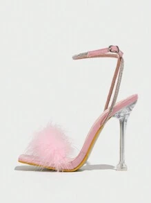 Sandalias de tacón alto de mujer con puntera cuadrada, correa de tobillo con hebilla perforada y decoradas con rhinestones. Transpirables, brillantes y apropiadas para el verano, color rosa para el Día de San Valentín - Rosa - Ver 3