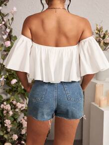 Chiquease Màu thuần Hình-quạt Xích đu Off Shoulder Áo sơ mi - trắng - Xem 2