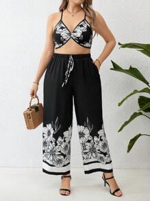 Breezaya Plus Size Women's Floral Print Tank Top And Loose Pants Two Pieces Set