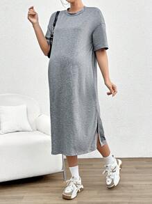 SHEIN 孕婦休閒寬鬆中長款連衣裙,圓領設計和側開叉設計 - 灰色 - 查看 4