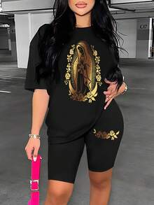 SHEIN Slayr Conjunto de 2 piezas para mujer con estampado de la Virgen María y flores - Negro - Ver 1