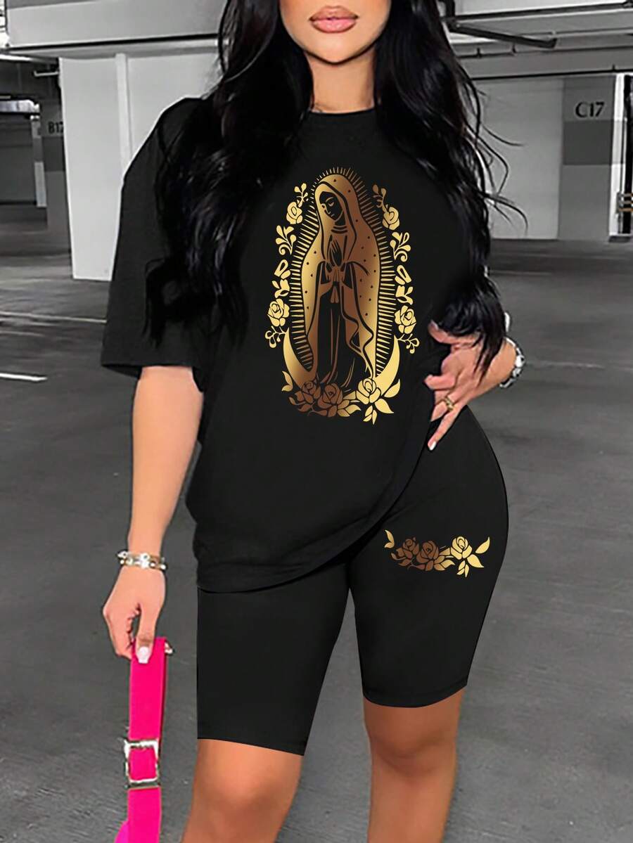 SHEIN Slayr Conjunto de 2 piezas para mujer con estampado de la Virgen María y flores - Negro - Ver 1