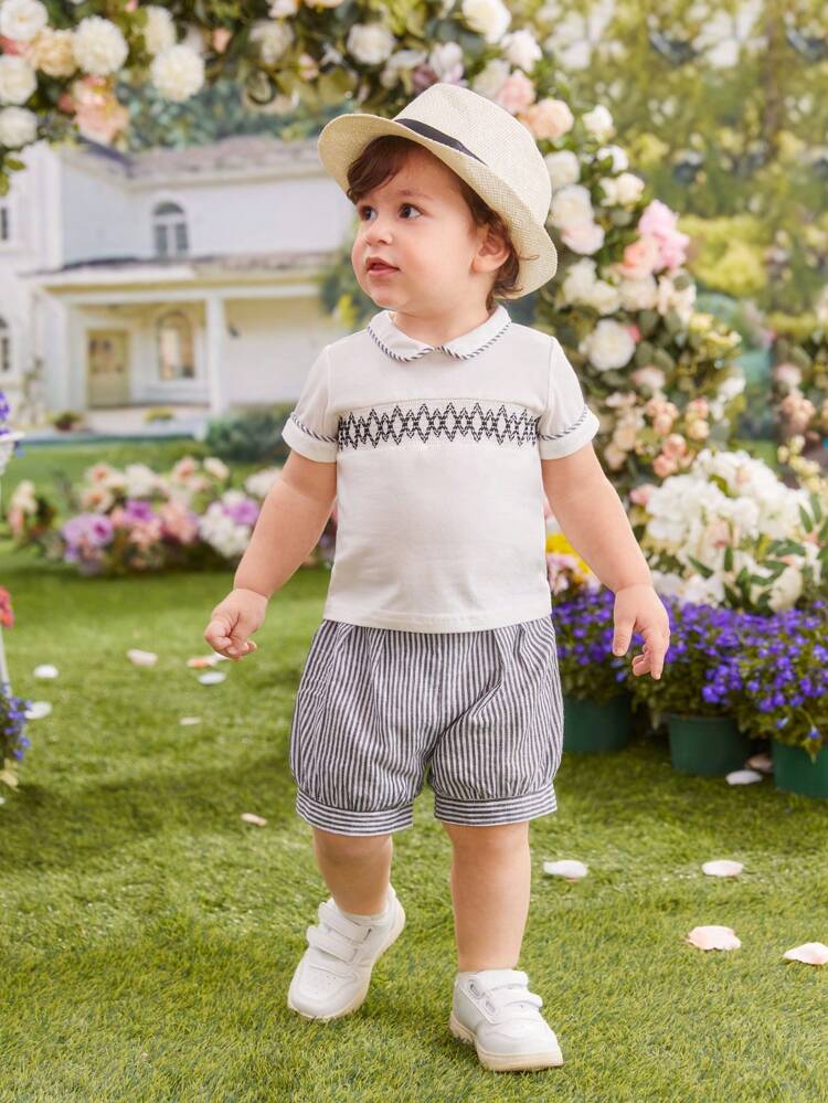 Baby Boy Spring/Summer Peter Pan Collar Short Sleeve Top With Striped Shorts Outfits