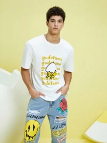 Gudetama X SHEIN 中性款1件卡通與字母圖形t恤 - 白色 - 查看 3