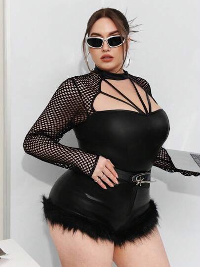 SHEIN ICON 大尺碼女士魚網拼接露肩t恤