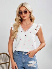 SHEIN Tall Women's Heart Pattern Printed Lace Trimmed Cap Sleeve Blouse - White - View 3
