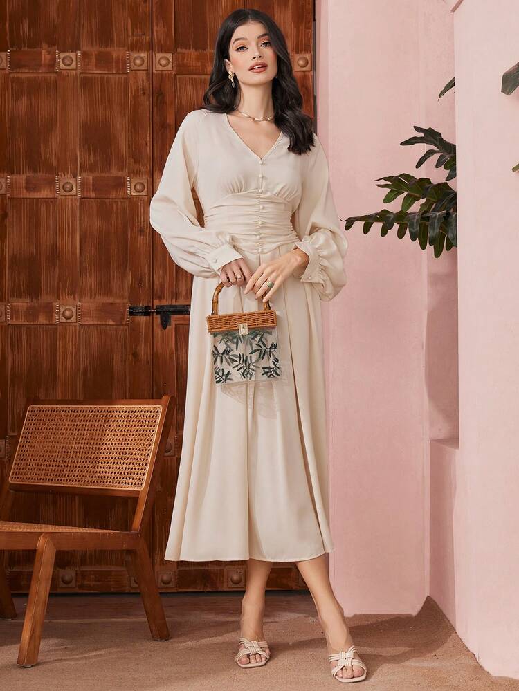 Women's Solid Color Lantern Sleeve Dress