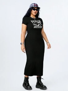 SHEIN Coolane 女式大碼字母和汽車印花連身裙 - 黑色 - 查看 4