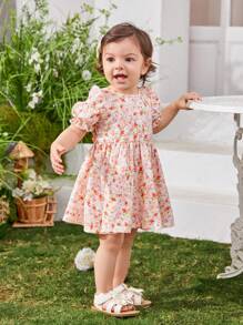 SHEIN Baby Girl Casual Summer Holiday Dress With Floral Print And Bow Tie Short Sleeve