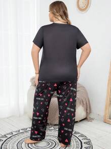 大尺碼心形&字母印花睡衣套裝 - 黑色 - 查看 3