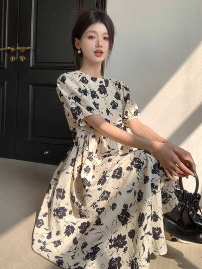 DAZY Vestido Largo De Manga Corta Y Bombacha Para Mujer Con Estampado Floral