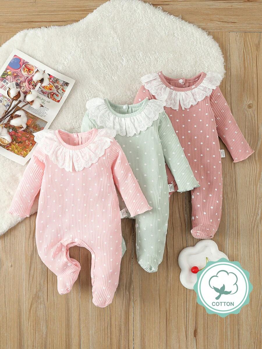 SHEIN 3入組嬰兒女裝白色波點印花加蕾絲剪裁領口的連身衣,家居服飾 - 彩色 - 查看 1