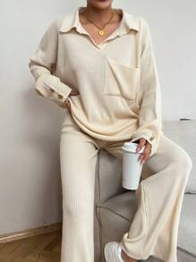 EURMUSE Drop Shoulder Pocket Patched Sweater & Knit Pants - Apricot - View 5