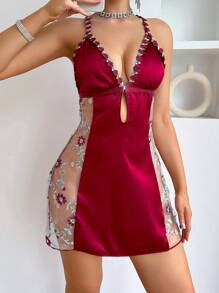 Women's Deep V-Neck Cross Back Sheer Embroidery Net Panel Sleep Dress Pajama Dress